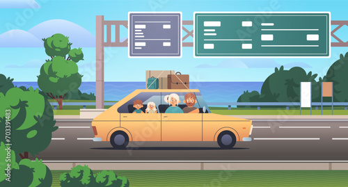 Young family with children travels in their own car. Family summer road trip vacation flat vector illustration