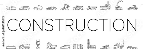 construction vehicle heavy work icons set vector. bulldozer excavator, equipment machine, machinery backhoe, tractor industry construction vehicle heavy work black line illustrations