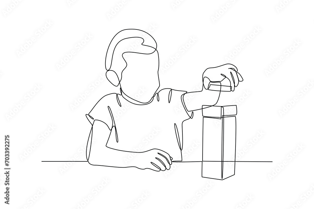 child playing lego toys and make building tower. Children game concept. Vector continuous line.