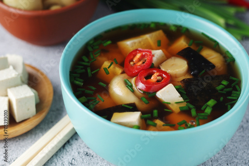 A bowl with miso soup, traditional Japanese dish