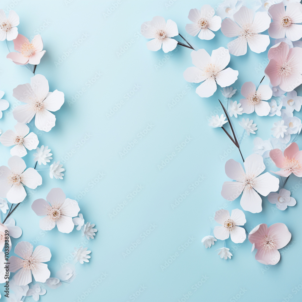 White flowers placed on a blue paper background