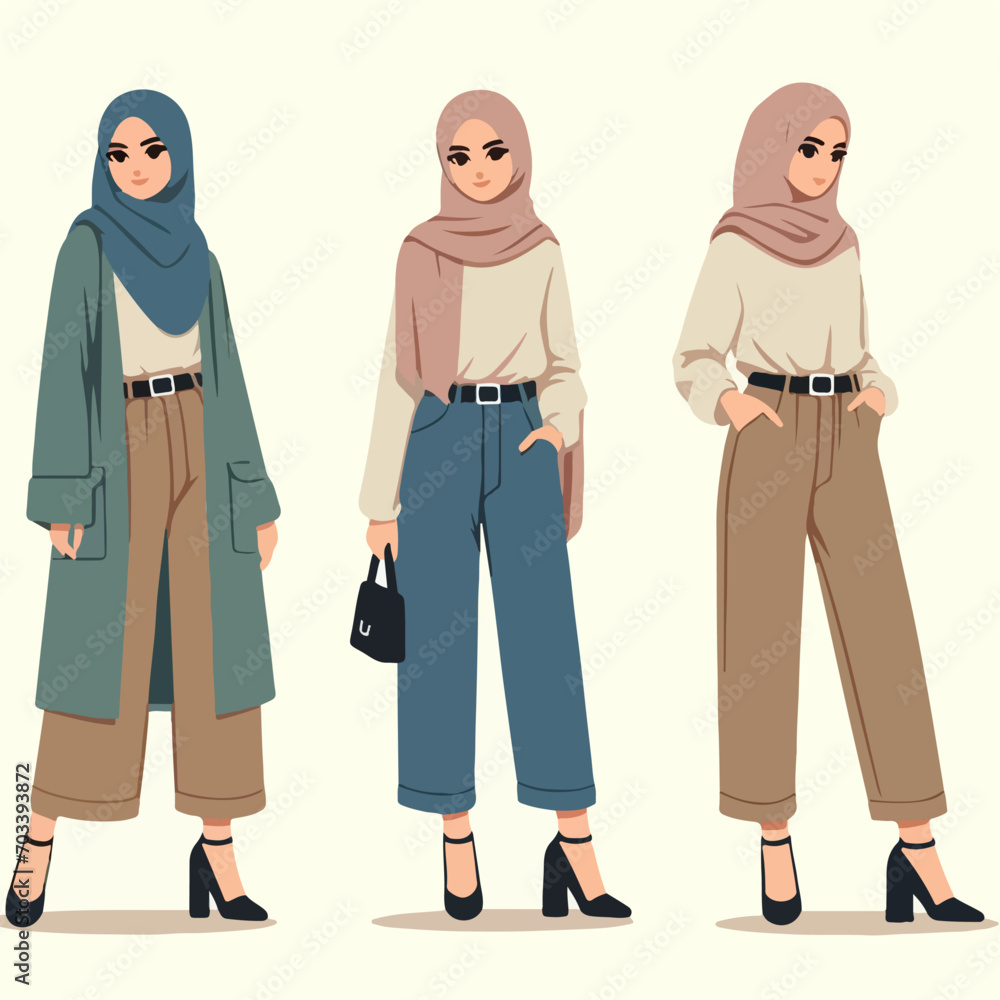 Illustration set of stylish muslim female. beautiful muslim girl hijab vector illustration