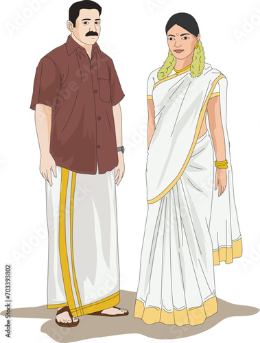 A South Indian couple wearing traditional dress