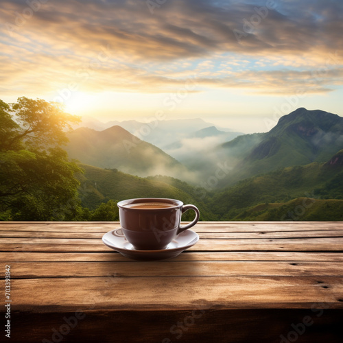 Hot coffee mug placed on a wooden table on a natural background.
