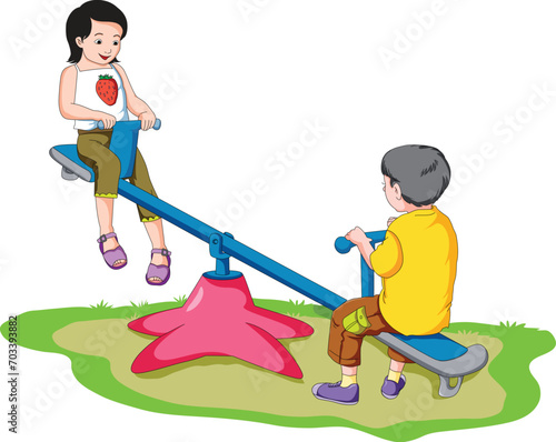 Boy and girl enjoying on the see saw