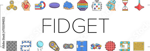 fidget toy fun antistress game icons set vector. pop it, stress silicone, bubble game, kid trendy, children, colorful finger, push fidget toy fun antistress game color line illustrations