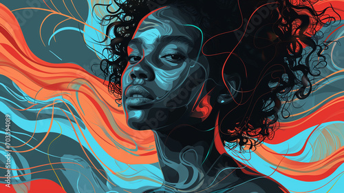 Abstract illustration concept representing mental wellbeing mindfulness depression and anxiety, black african american woman illustration, mental illness illustration, psychic waves photo