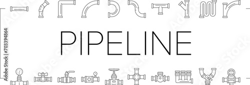 pipeline oil industry gas pipe icons set vector. technology industrial, construction energy, equipment engineering, tube, fuel pipeline oil industry gas pipe black line illustrations