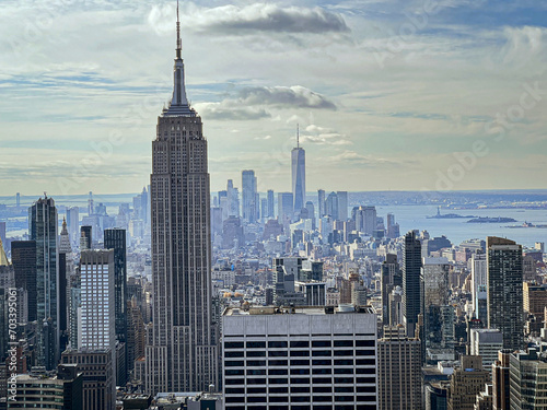 Aerial panoramic view of New-York city Manhattan skyline Empire State Building and One world trade center skyscraper  from top of the rock