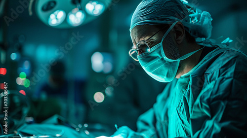 Surgeon in the Operating Room: A skilled surgeon performing a delicate procedure in the operating room, surrounded by advanced medical equipment