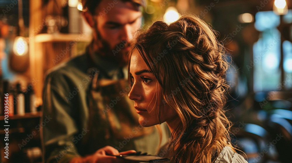 Hair Stylist Creating Hairstyle: A hair stylist creating a stylish hairstyle for a client, showcasing skill and creativity in a salon Hair Stylist Creating Hairstyle: A hair stylist creating a stylish hairstyle for a client, showcasing skill and creativity in a salon
