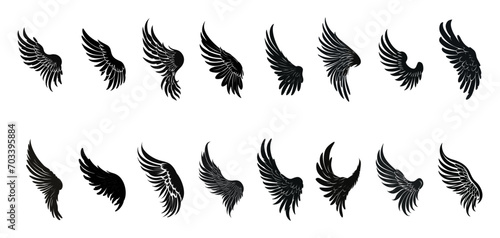 set of silhouette of wings. outline of angel wing art line tattoo.