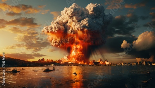 Dramatic explosion at sunset over water with smoke and fire, ideal for action or disaster-themed projects.