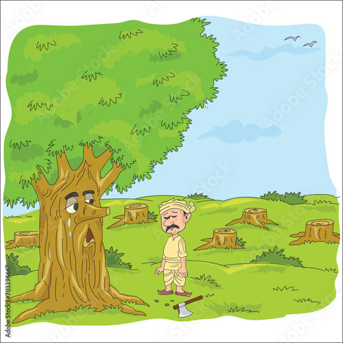 Tree crying for help from the man and man listening carefully with an axe placed aside him