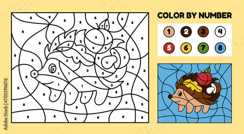Worksheet coloring puzzle. Cartoon hedgehog. Autumn apple leaves or mushroom. Colors by numbers. Find paints. Kawaii animal. Logic game. Children contour drawing. Education book. Vector kids tidy page