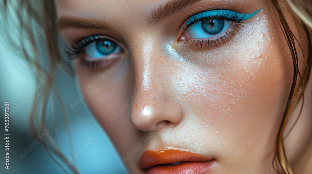 professional beauty photography. studio shot in fashion style. close up model's face wearing trendy 2024 makeup with blue eyeliner - obrazy, fototapety, plakaty 