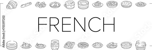 french cuisine food meal icons set vector. lunch dinner, delicious tasty, gourmet snack, dish, cooking fresh, healthy, kitchen french cuisine food meal black line illustrations