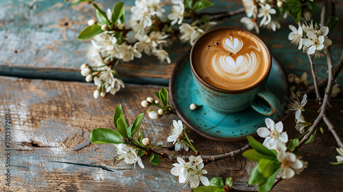 coffee cup with latte art and spring blossom. minimalist background with copy space and selective focus. photo