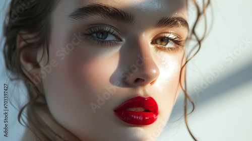 professional beauty photography. studio shot in fashion style. close up model's face wearing trendy 2024 makeup with red lips photo