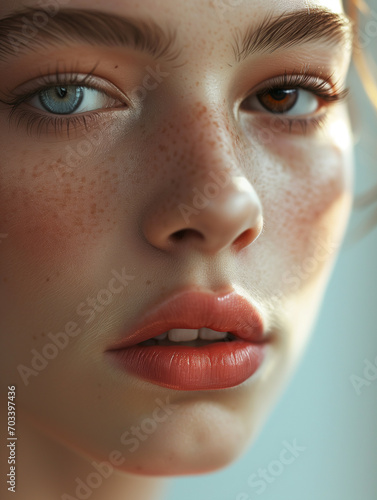 close up model's face with heterochromia . One eye is brown and another one is blue. complete heterochromia iridis concept  photo
