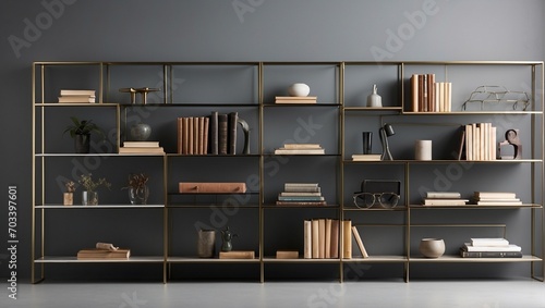 A minimalist shelf, with sleek metal edges and glass shelves photo