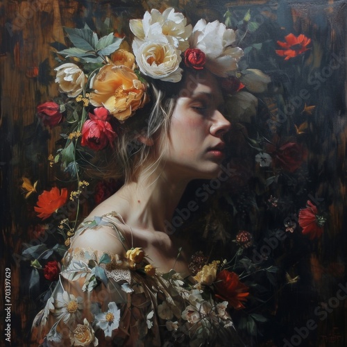 A beautiful canvas, an artist's painting. Close-up of a young woman in flowers, abstract portrait.