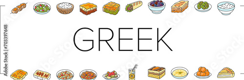 greek cuisine food lunch icons set vector. salad dinner, meal mediterranean, plate greece, healthy fresh, dish, appetizer feta greek cuisine food lunch color line illustrations