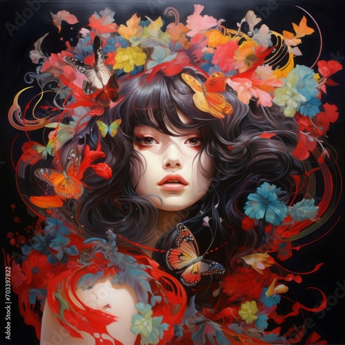 Close-up illustration of a young girl in multicolored flowers, abstract portrait.
