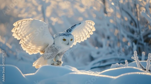 A snowy owl in flight over a winter landscape, wings spread wide. photo