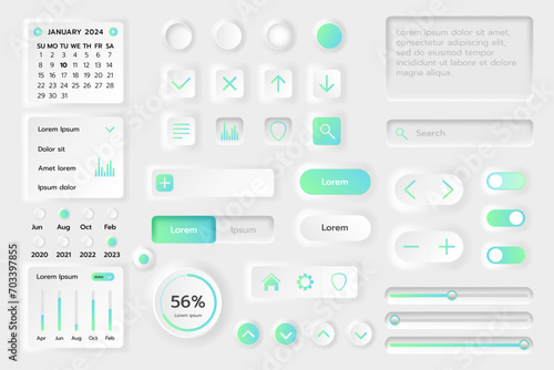 UI button. Kit Neomorphic app isolated elements, calendar UX objects, mobile web interface, template application, different icon, screen with buttons, tools and diagrams, dashboard for GUI vector menu photo