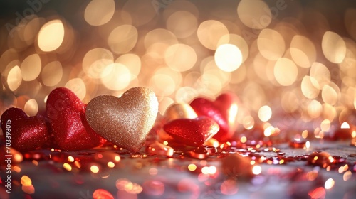 Glittering pink hearts on a reflective surface with a bokeh effect in the background.