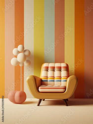 Stylish armchair with striped wall in 70s background, Generative AI