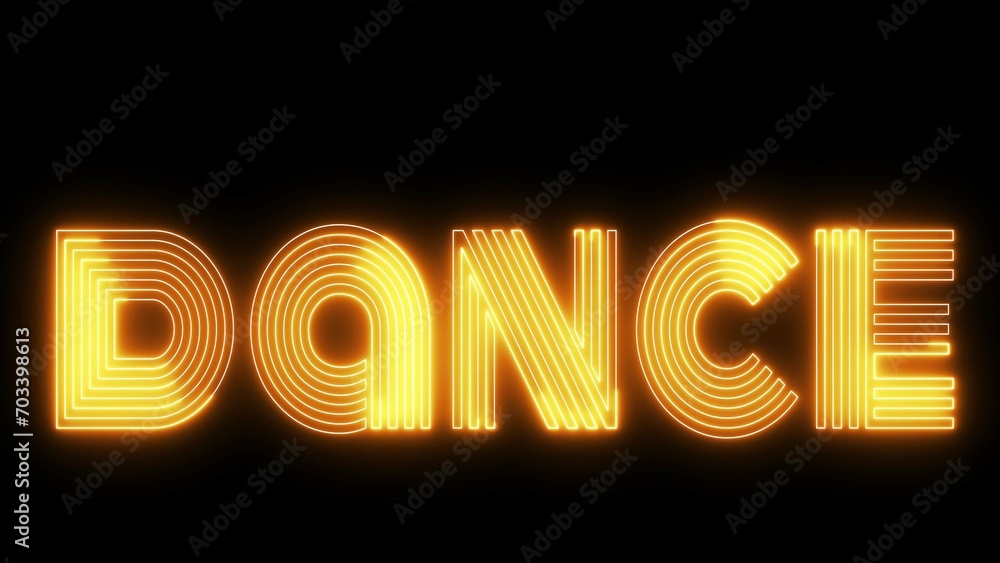 Dance text font with light. Luminous and shimmering haze inside the letters of the text Dance. Dance neon sign. Dance text font with light. Luminous and shimmering haze inside the letters of the text Dance. Dance neon sign.
