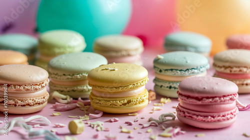 macaroons on a table with balloons in the background