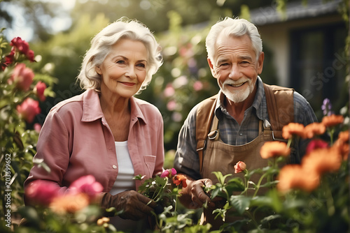 Beautiful senior couple working in the garden. Landscape designer at work. Smiling elderly man and woman gardeners caring for flowers and plants. Hobby in retirement