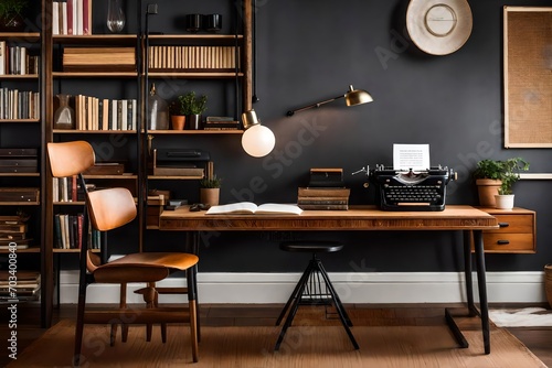 Step into the sophistication of a hipster's haven with a real photo stock image featuring a Black retro typewriter placed on a unique wooden desk, adorned by a mid-century modern chair and a renovated