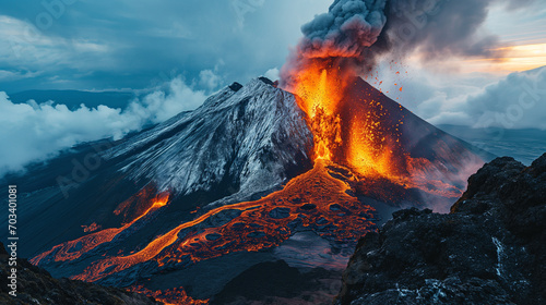 Surreal depiction of a volcano eruption  emphasizing the fiery lava and smoky atmosphere. Use bold colors and dramatic lighting
