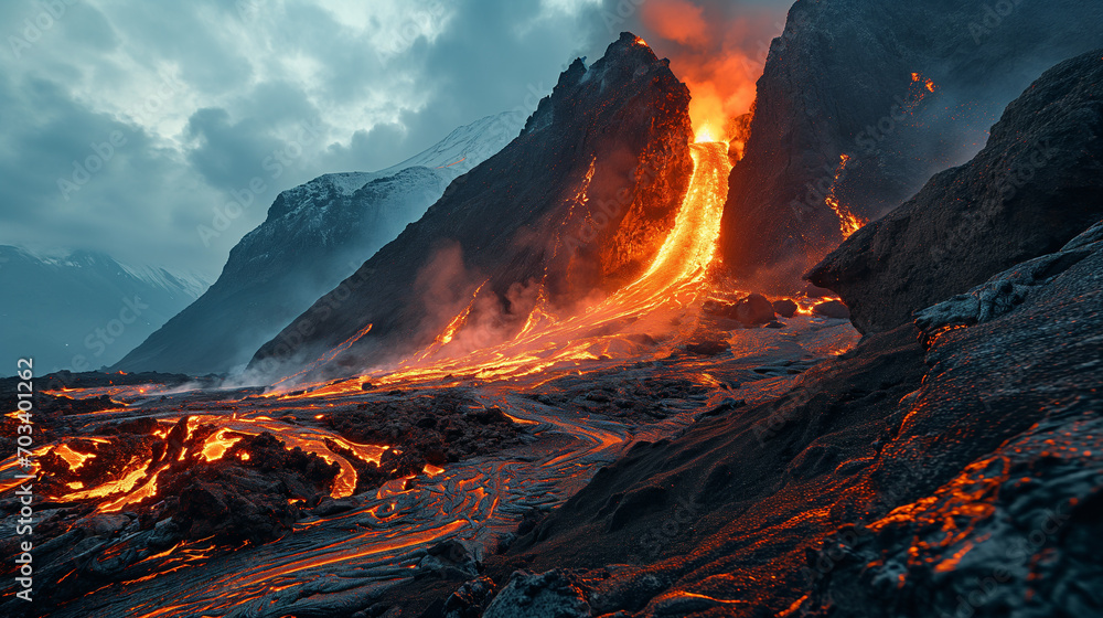 Surreal depiction of a volcano eruption, emphasizing the fiery lava and smoky atmosphere. Use bold colors and dramatic lighting