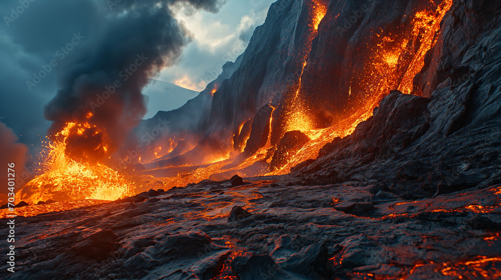 Cinematic portrayal of a volcano eruption, with a focus on the bright lava and dynamic ash clouds.