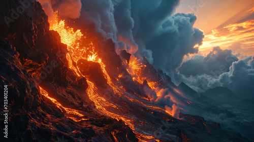 Surreal depiction of a volcano eruption, emphasizing the fiery lava and smoky atmosphere. Use bold colors and dramatic lighting