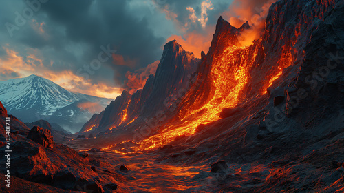 Cinematic portrayal of a volcano eruption, with a focus on the bright lava and dynamic ash clouds. © Alex