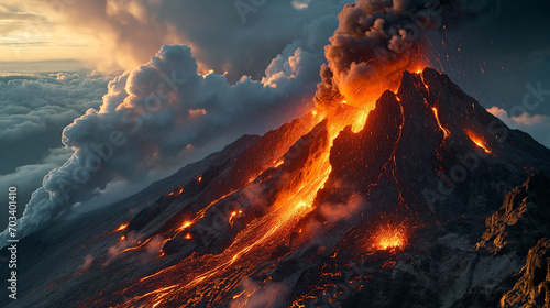 Cinematic portrayal of a volcano eruption, with a focus on the bright lava and dynamic ash clouds.
