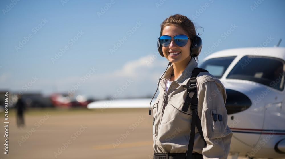 Young woman pilot with aviator sunglasses by airplane Young woman pilot with aviator sunglasses by airplane