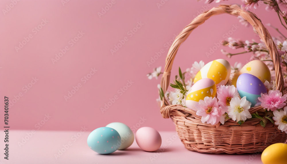 Basket with Easter eggs and flowers on the table on pink background, copy space. Basket with Easter eggs and flowers on the table on pink background, copy space.