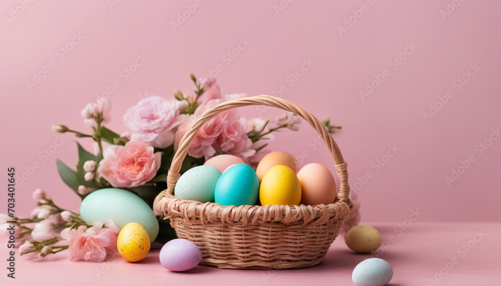 Basket with Easter eggs and flowers on the table on pink background, copy space.