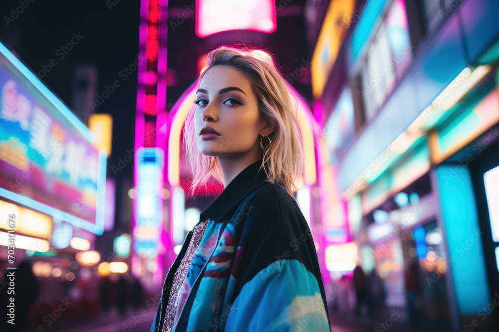 Stylish young woman in urban neon lit night