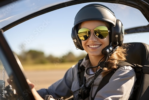 Confident woman pilot in aircraft with sunny backdrop