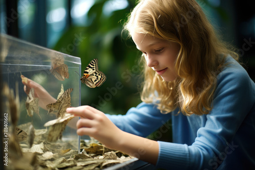 Girl admiring butterflies in exhibition indoors photo