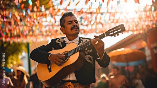 Mariachi musician playing guitar at Cinco de Mayo festival photo