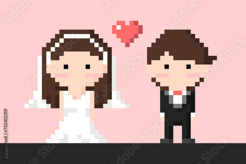 Man and Woman Couple in wedding dress and suit, bride and groom Icon, Pixel 8 bit style